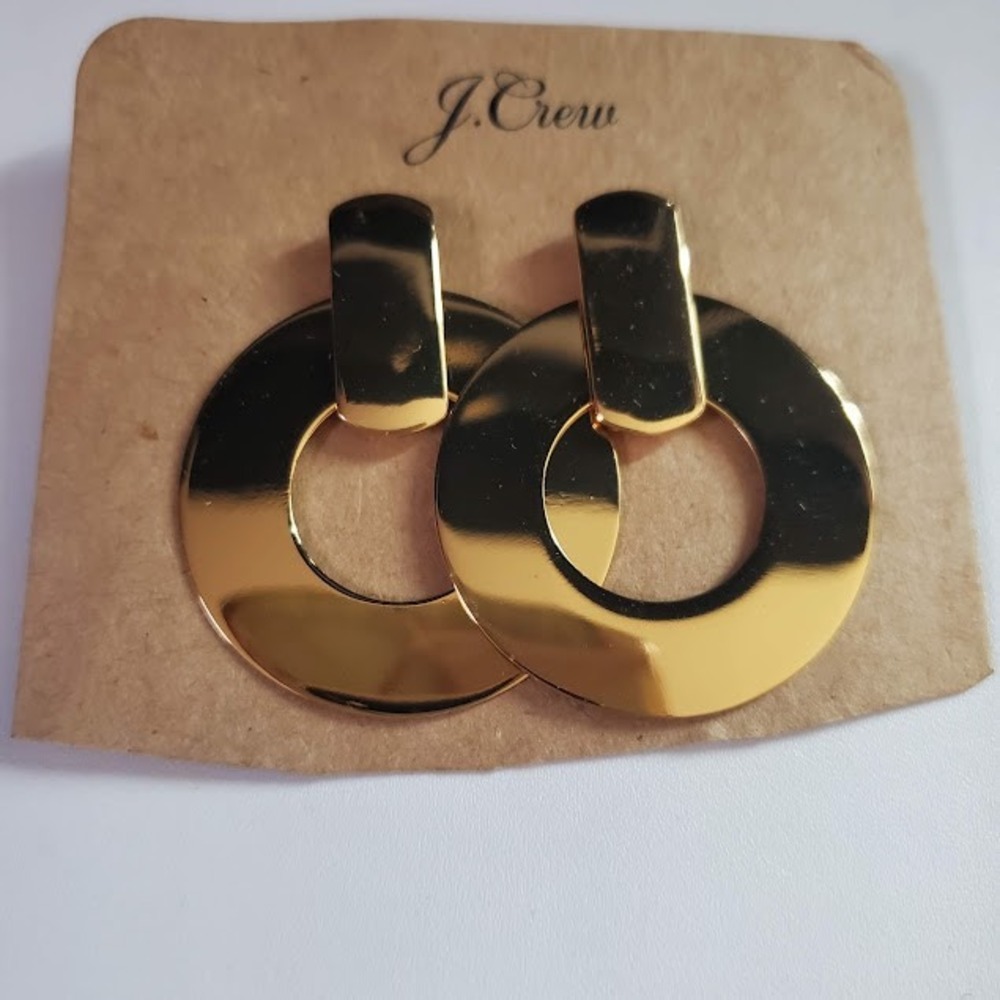 J.Crew Gold Tone Geometric Round Door Knocker Drop Earrings High Shine Finish
